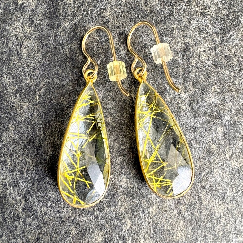 Golden rutile quartz teardrop earrings - wire pierced - bohemian style